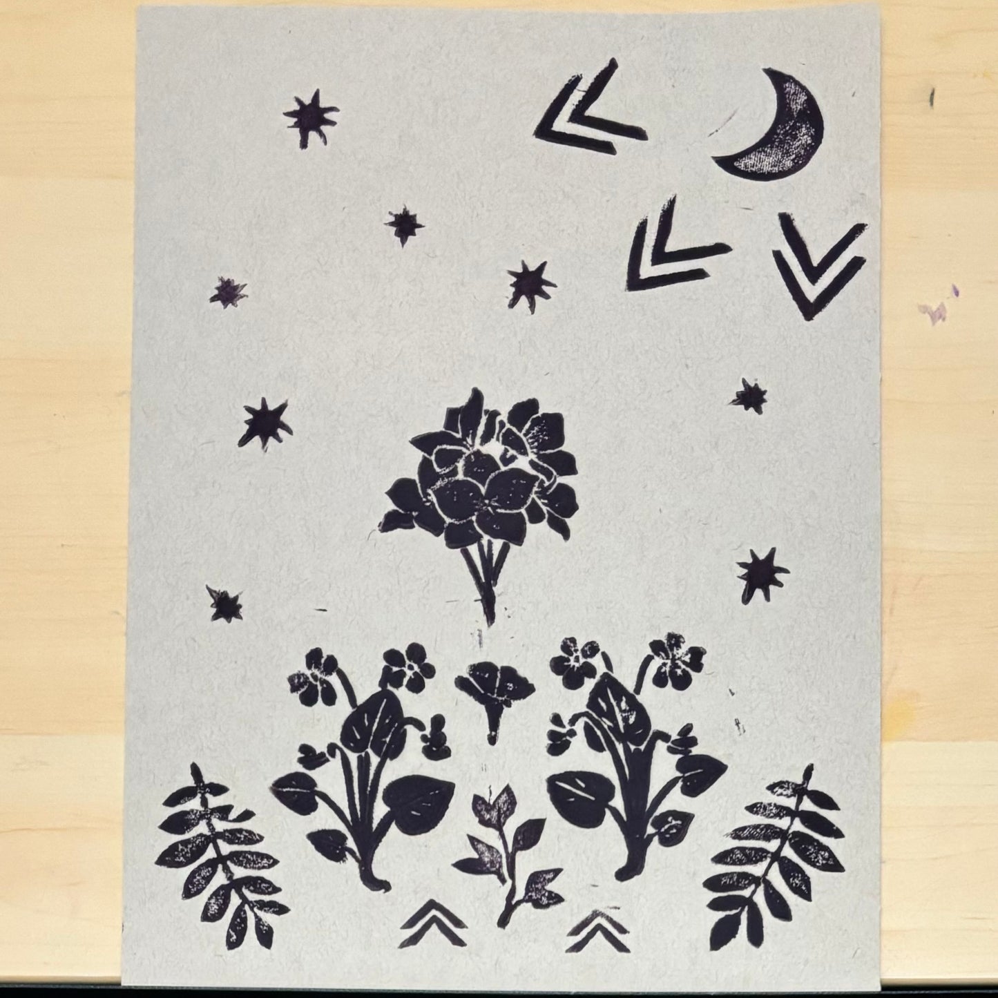 Moondance original block print; crescent moon, larkspur, violets