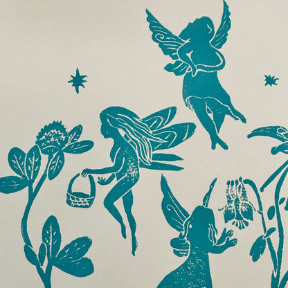 Fairy Garden original block print; fairies, clover, columbine