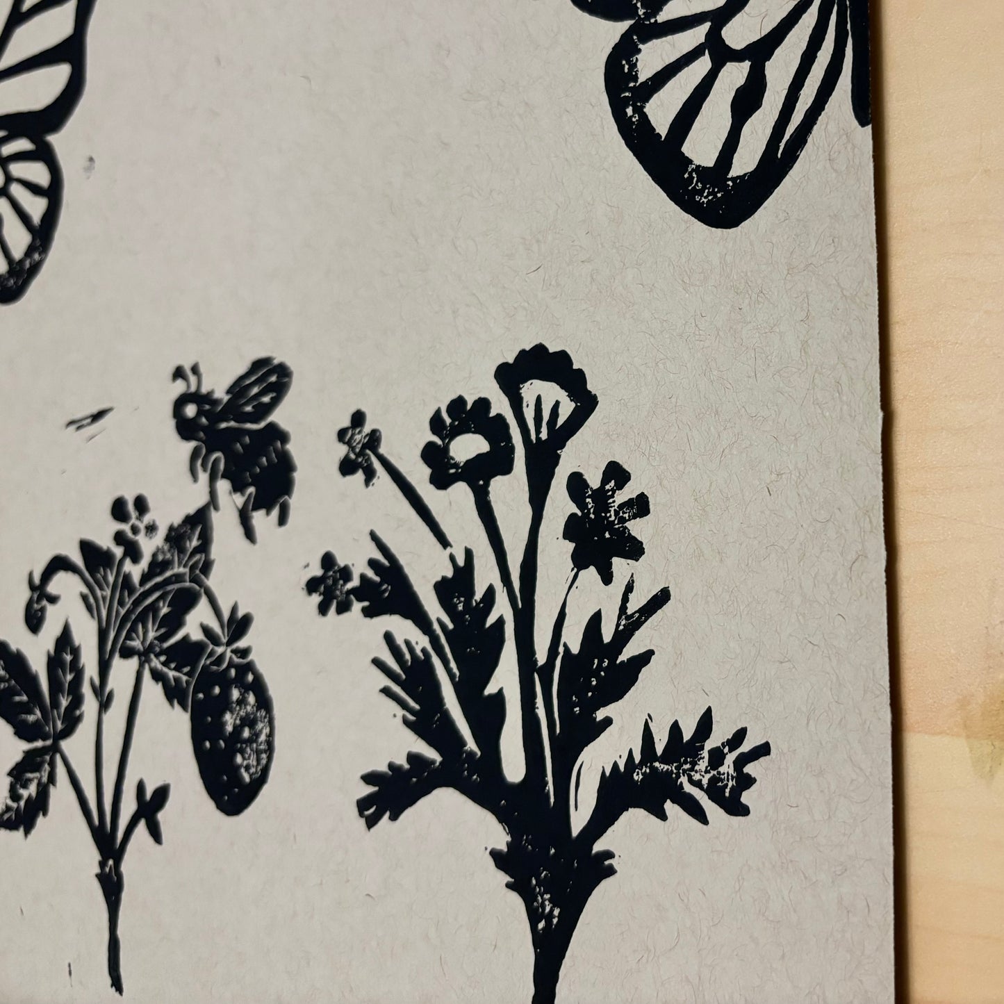 Duality original block print; bumblebee, butterfly, wild strawberry