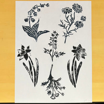 Flowers in Abundance original block print; lily of the valley, daisies, daffodils