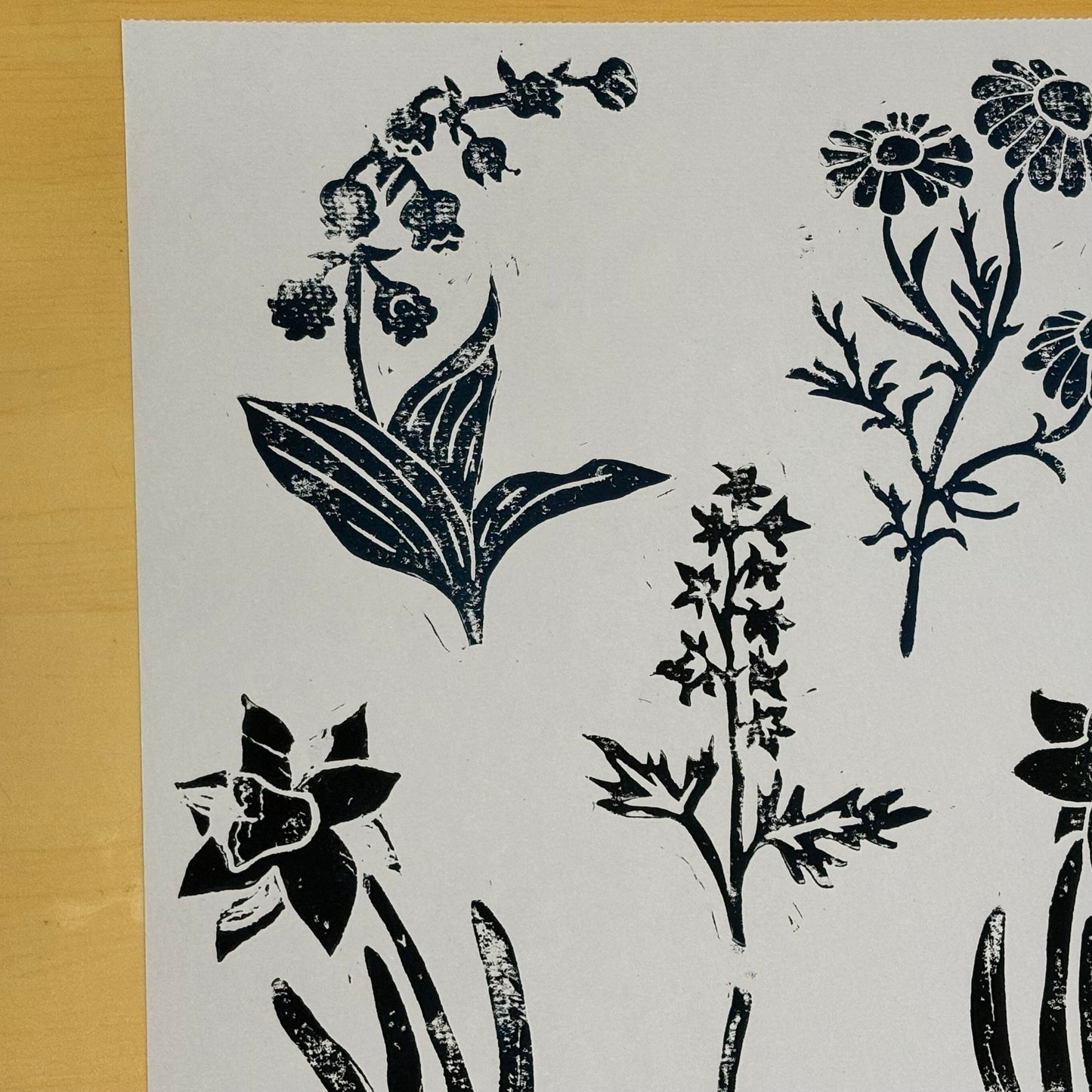 Flowers in Abundance original block print; lily of the valley, daisies, daffodils