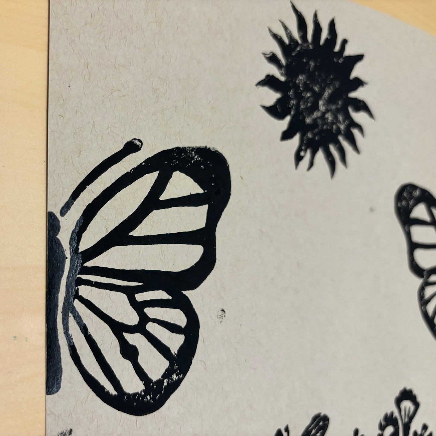 Duality original block print; bumblebee, butterfly, wild strawberry