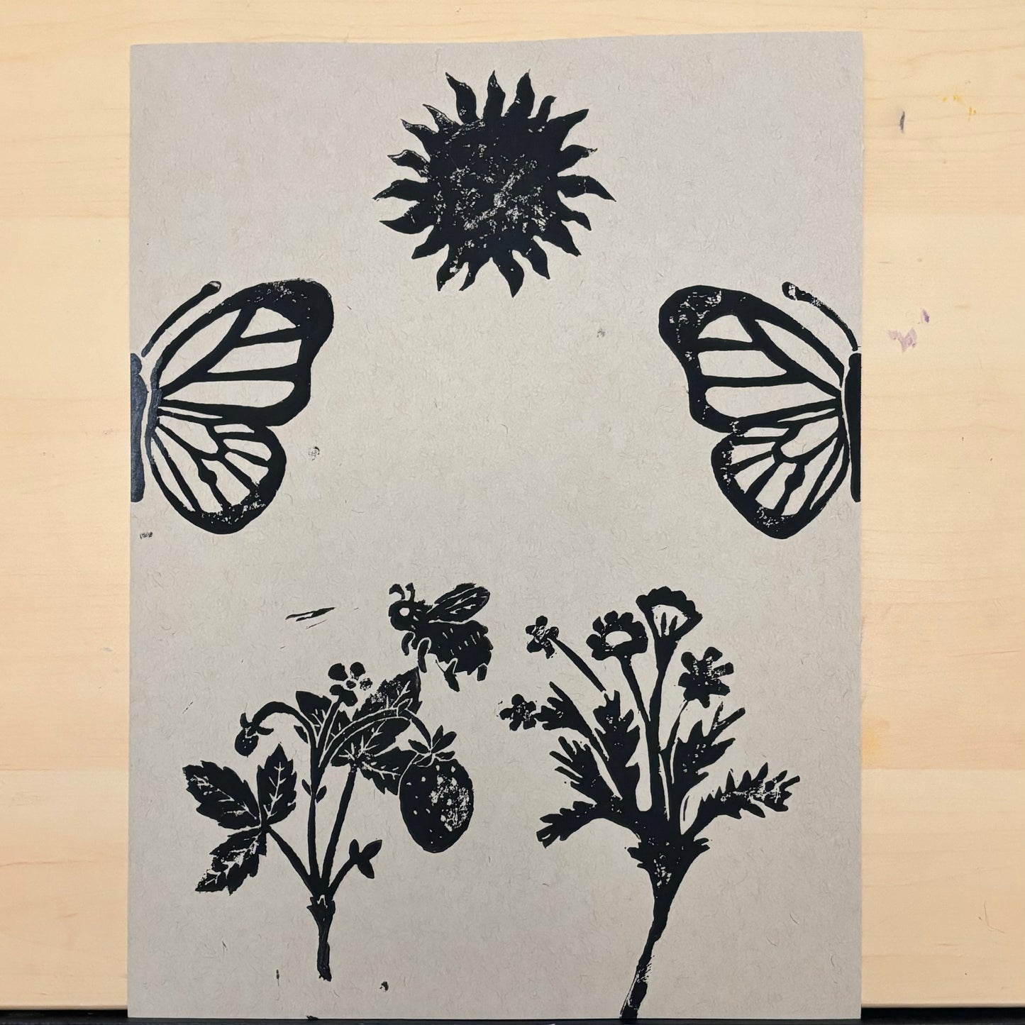 Duality original block print; bumblebee, butterfly, wild strawberry