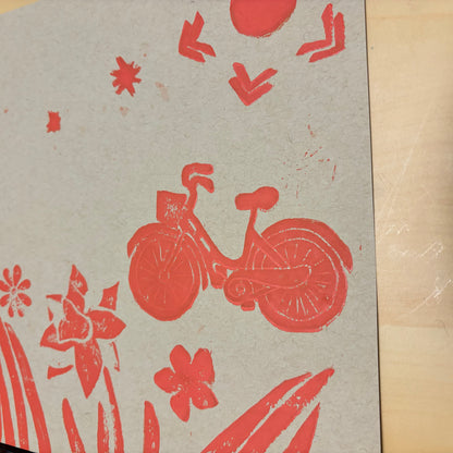 Sunny Rays original block print; bicycle, bumblebee, daffodils