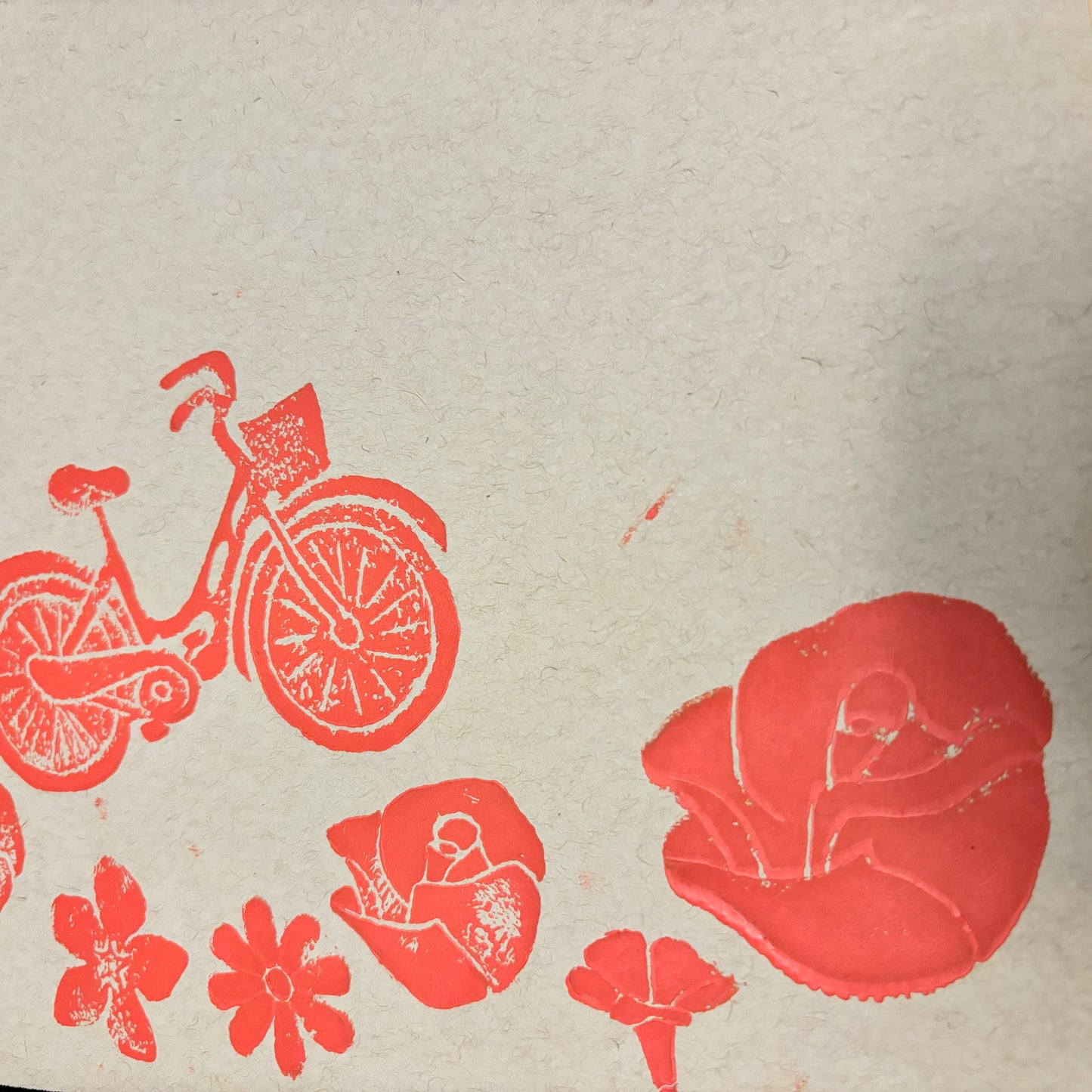 Summer Days original block print; bicycle, sun, rose, daisies