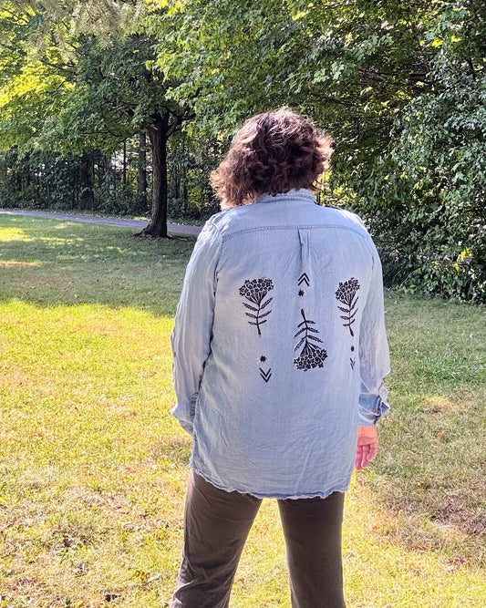 Luna Love-me; long sleeve denim shirt featuring forget-me-nots and moon phases