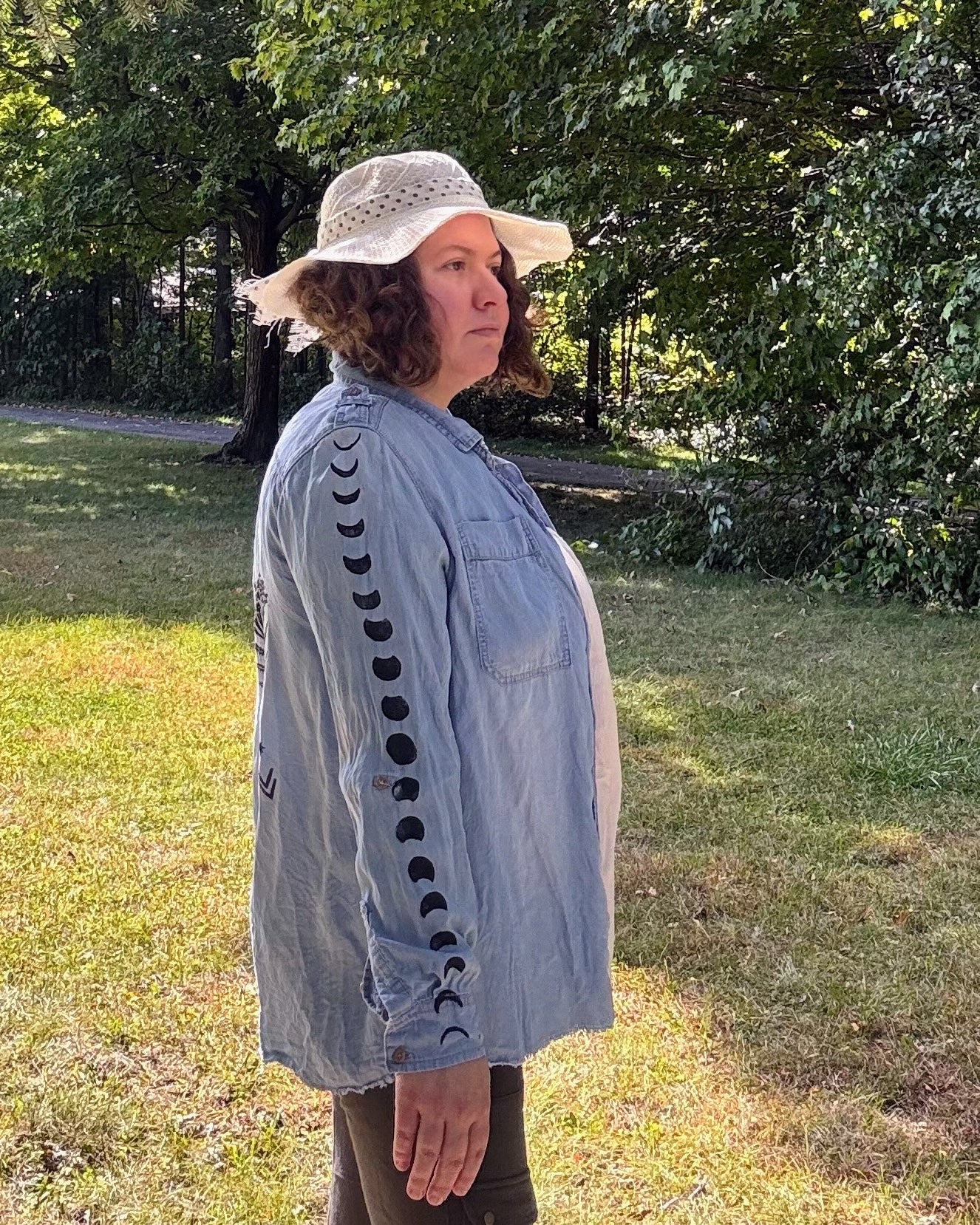 Luna Love-me; long sleeve denim shirt featuring forget-me-nots and moon phases