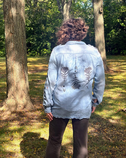 Luna Love-me; long sleeve denim shirt featuring forget-me-nots and moon phases