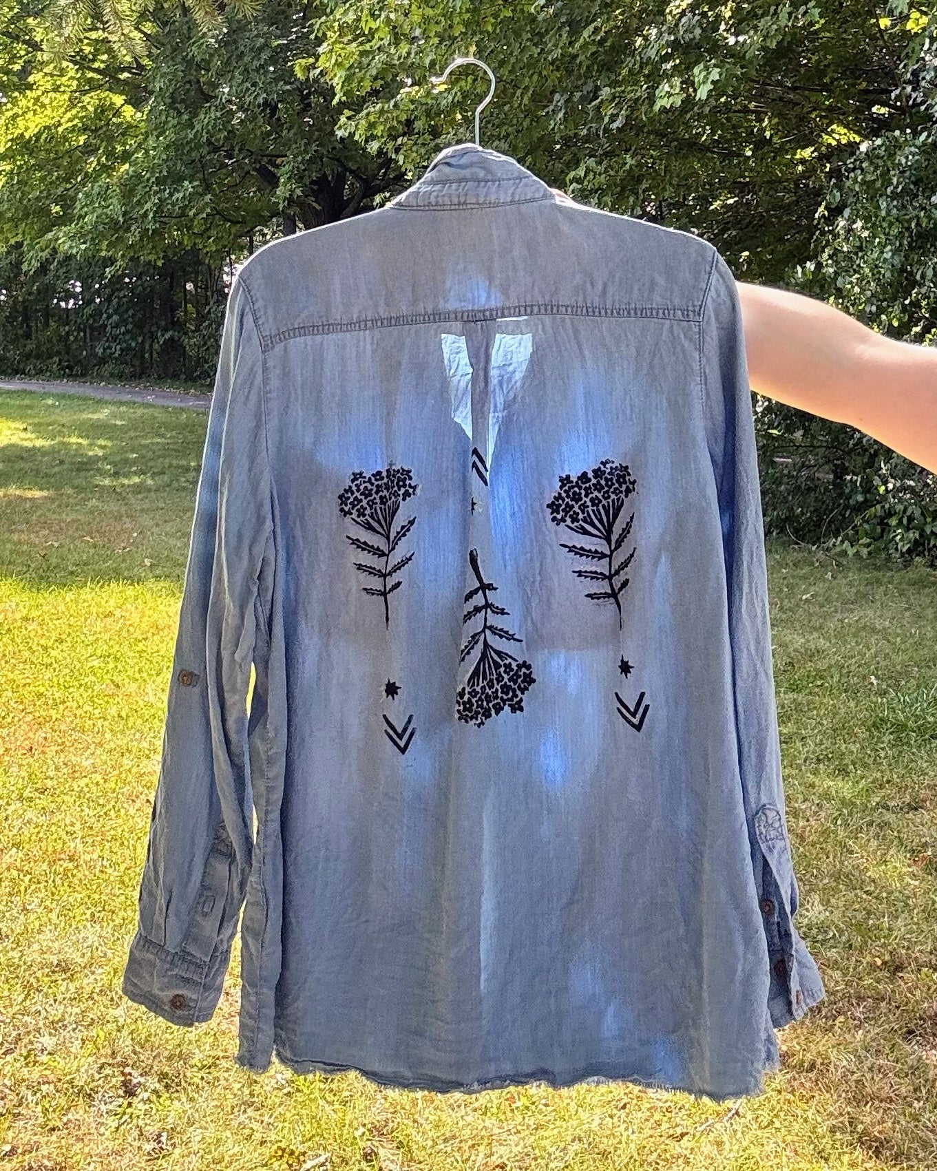 Luna Love-me; long sleeve denim shirt featuring forget-me-nots and moon phases