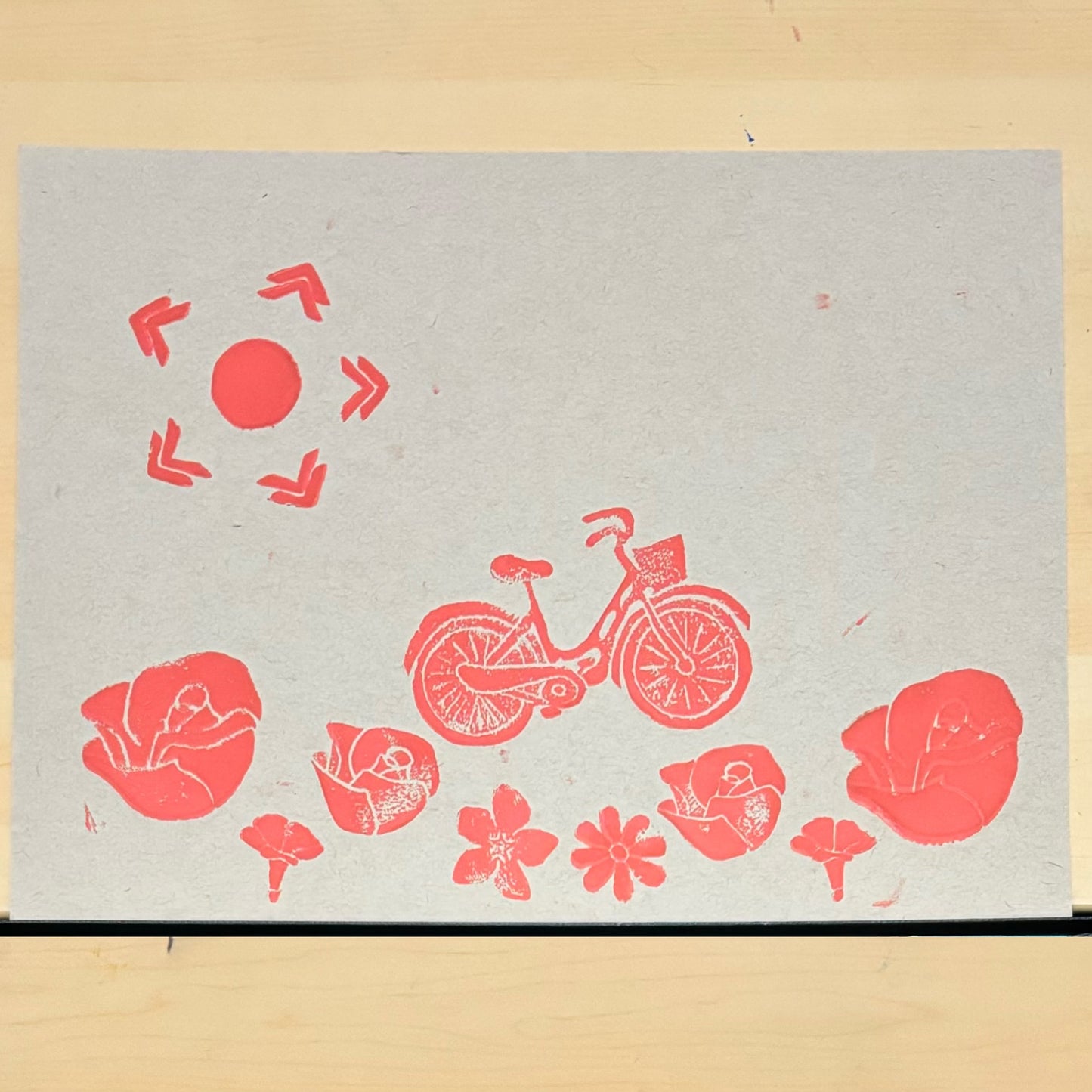 Summer Days original block print; bicycle, sun, rose, daisies